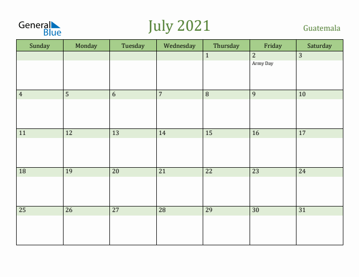 July 2021 Calendar with Guatemala Holidays