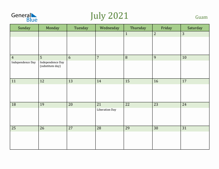July 2021 Calendar with Guam Holidays
