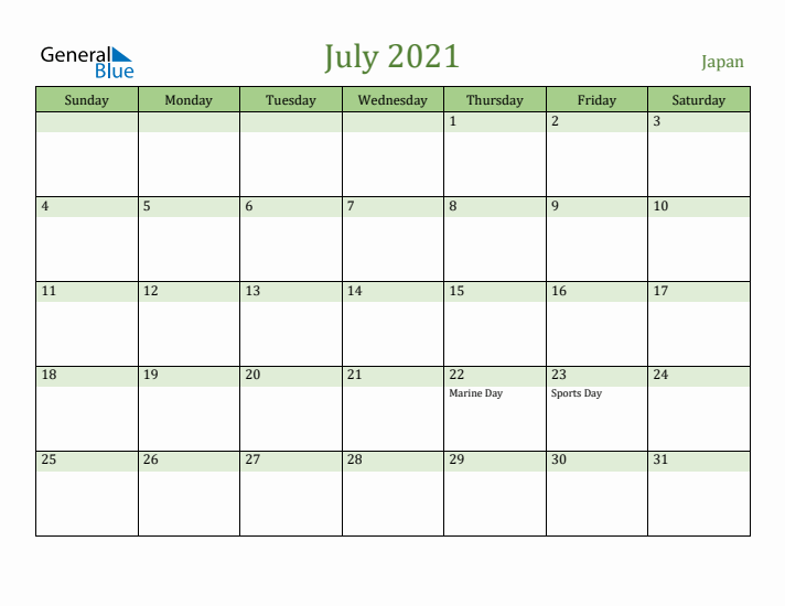July 2021 Calendar with Japan Holidays