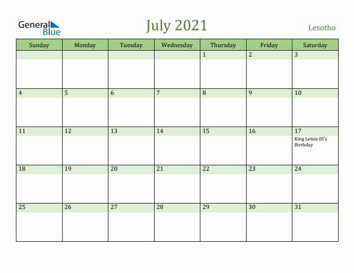 July 2021 Calendar with Lesotho Holidays