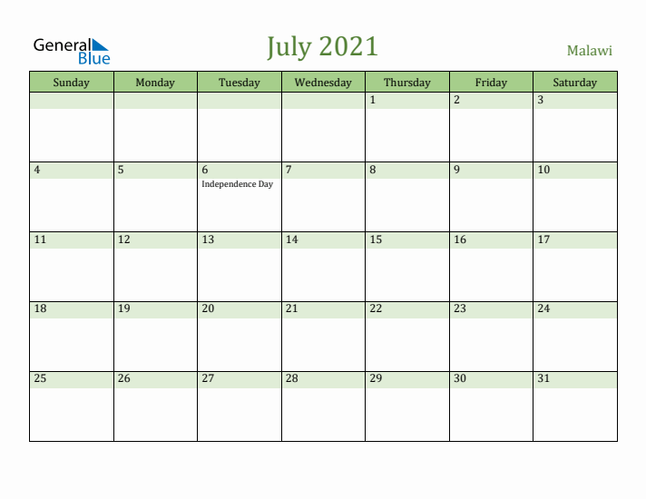 July 2021 Calendar with Malawi Holidays