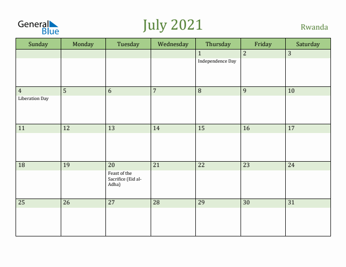 July 2021 Calendar with Rwanda Holidays