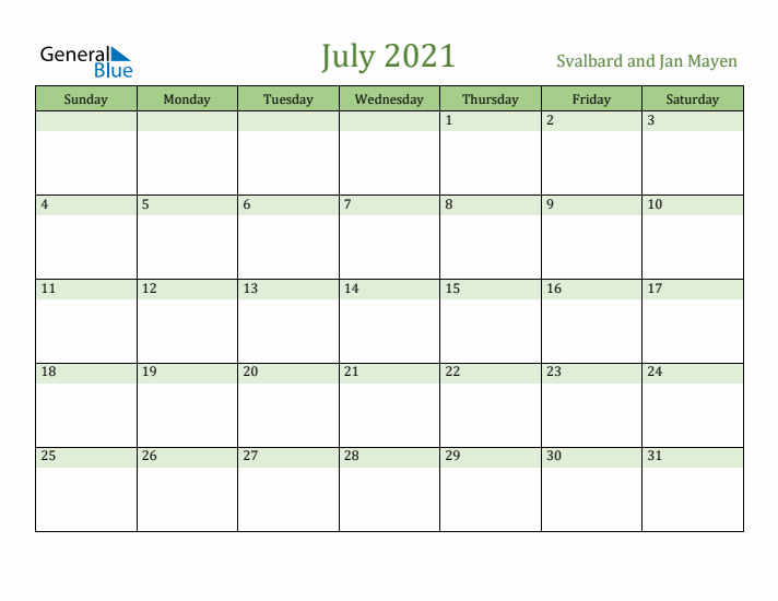 July 2021 Calendar with Svalbard and Jan Mayen Holidays