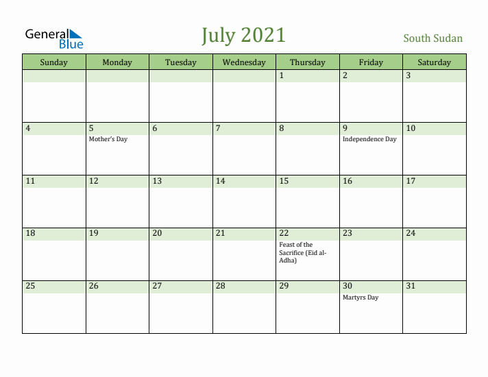 July 2021 Calendar with South Sudan Holidays