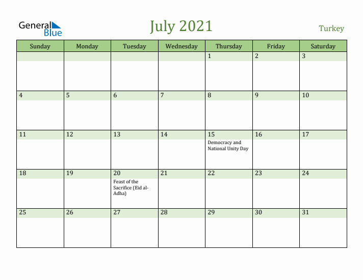 July 2021 Calendar with Turkey Holidays