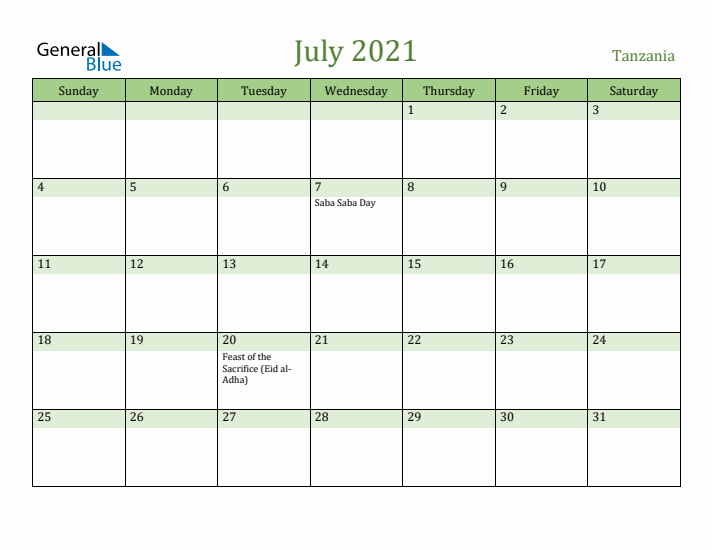 July 2021 Calendar with Tanzania Holidays