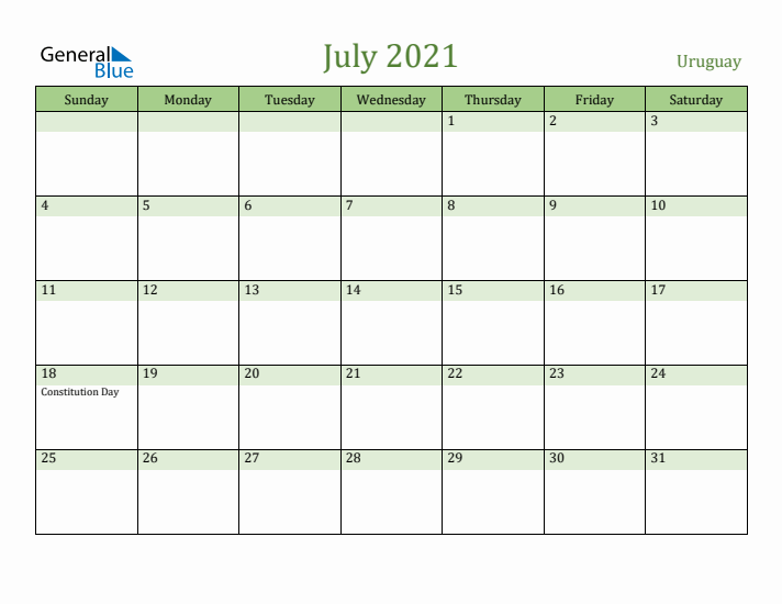 July 2021 Calendar with Uruguay Holidays