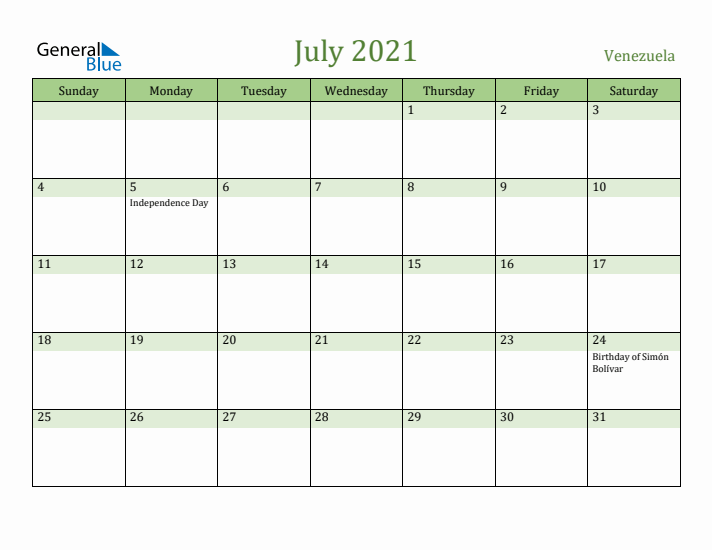 July 2021 Calendar with Venezuela Holidays