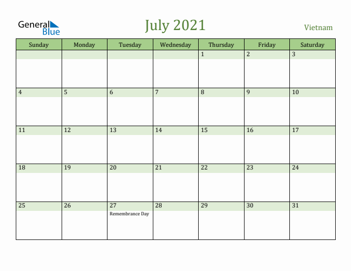 July 2021 Calendar with Vietnam Holidays