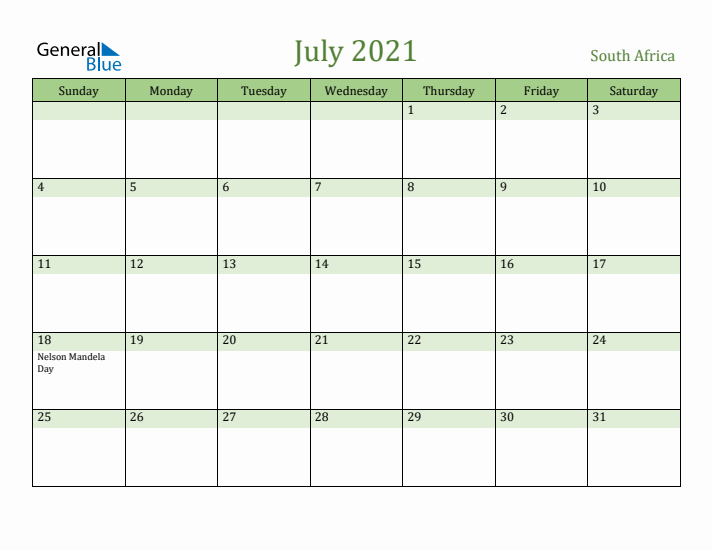 July 2021 Calendar with South Africa Holidays