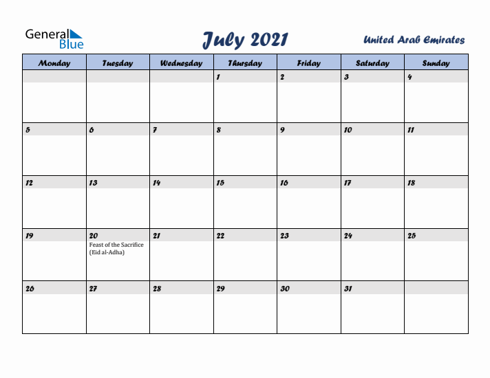 July 2021 Calendar with Holidays in United Arab Emirates