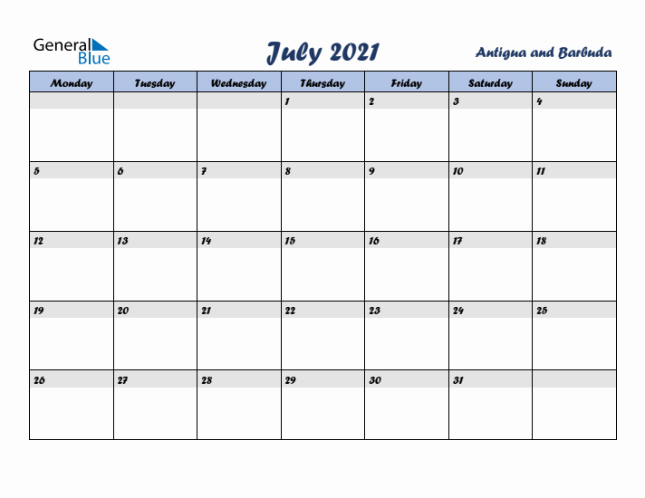July 2021 Calendar with Holidays in Antigua and Barbuda