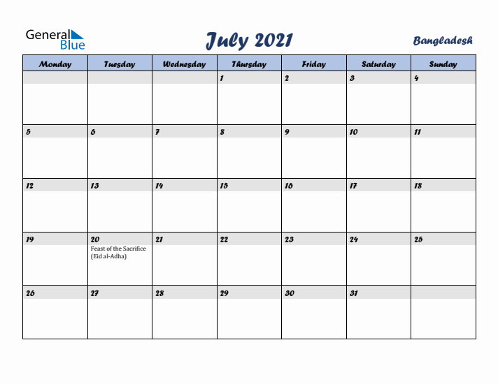July 2021 Calendar with Holidays in Bangladesh