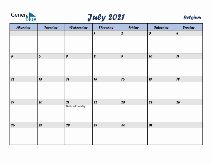 July 2021 Calendar with Holidays in Belgium
