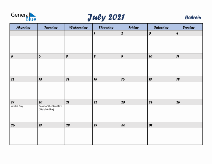 July 2021 Calendar with Holidays in Bahrain
