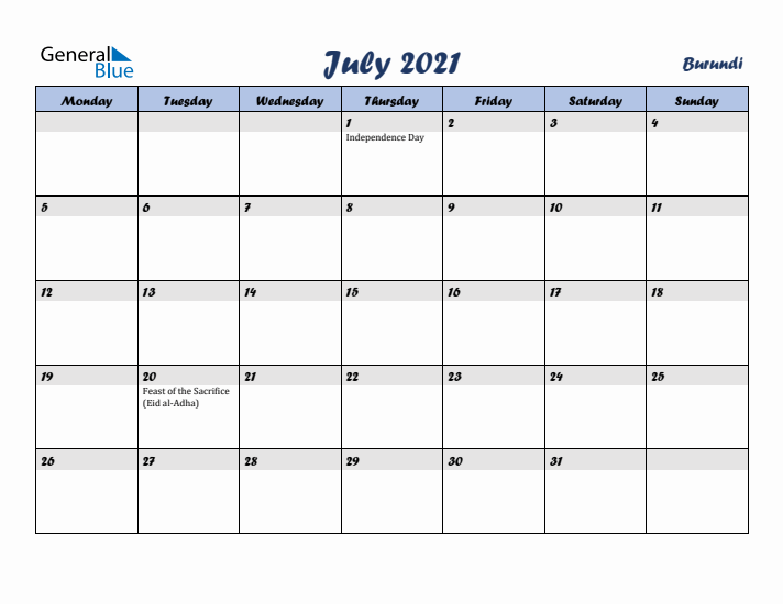 July 2021 Calendar with Holidays in Burundi