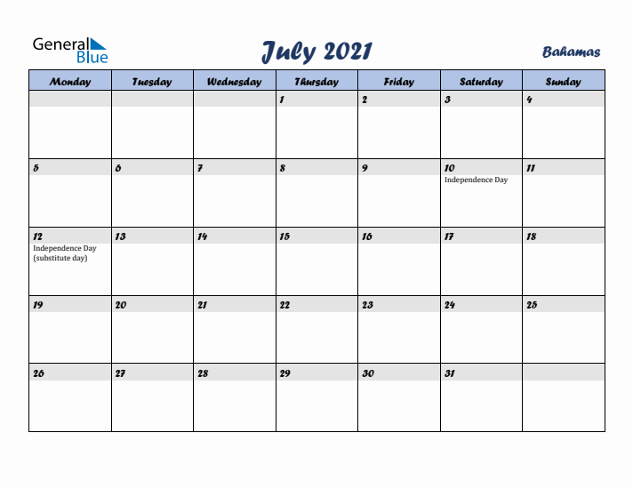 July 2021 Calendar with Holidays in Bahamas