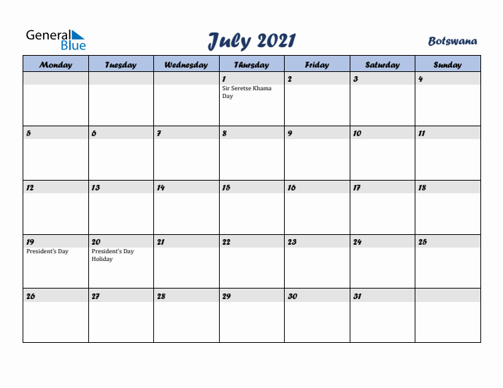 July 2021 Calendar with Holidays in Botswana