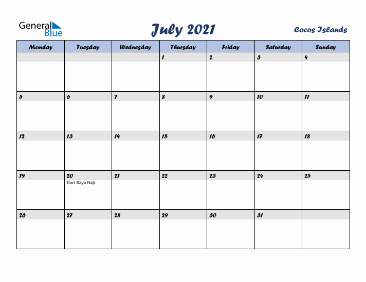 July 2021 Calendar with Holidays in Cocos Islands