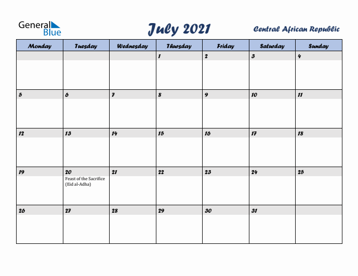 July 2021 Calendar with Holidays in Central African Republic