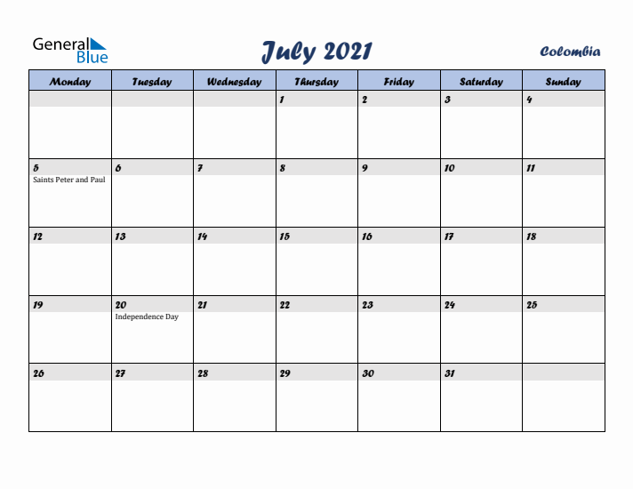 July 2021 Calendar with Holidays in Colombia