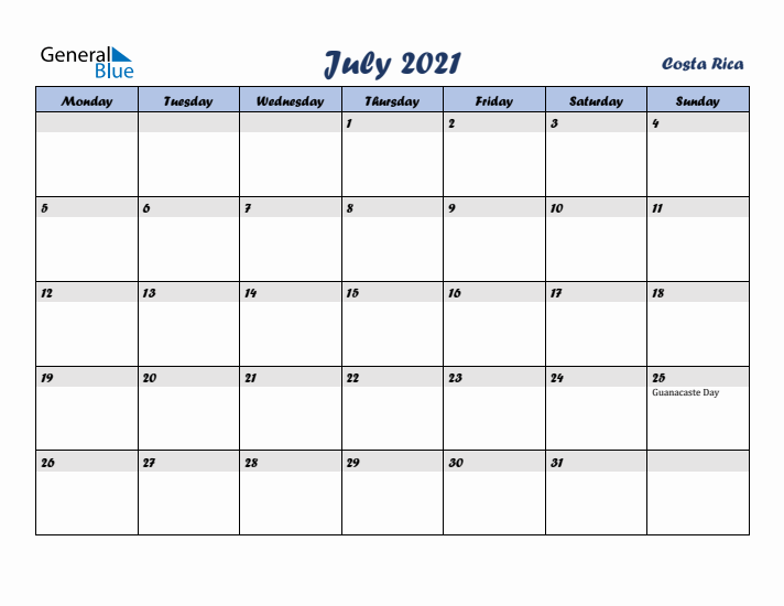 July 2021 Calendar with Holidays in Costa Rica
