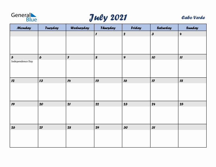 July 2021 Calendar with Holidays in Cabo Verde