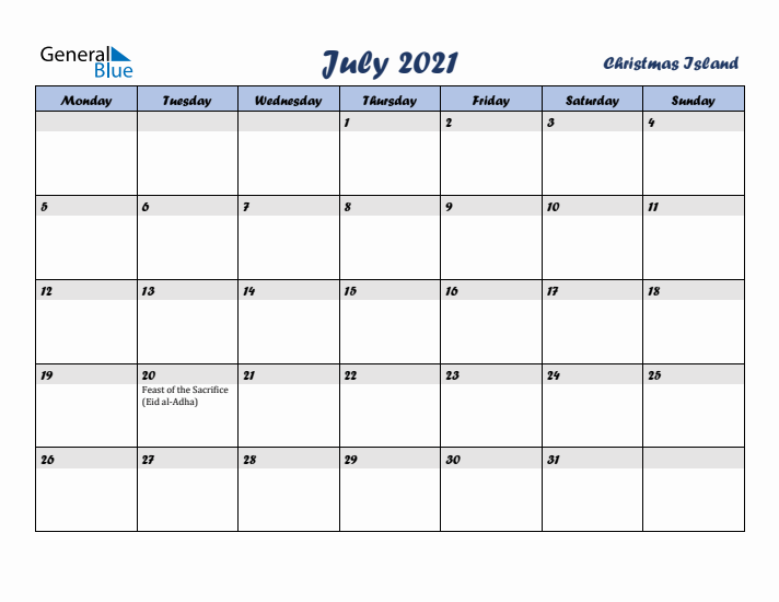 July 2021 Calendar with Holidays in Christmas Island