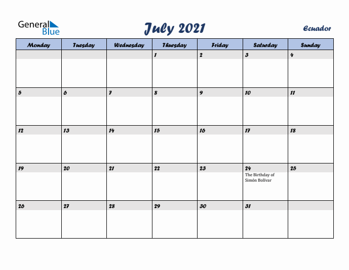 July 2021 Calendar with Holidays in Ecuador