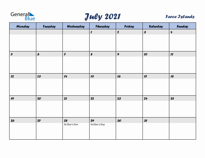 July 2021 Calendar with Holidays in Faroe Islands
