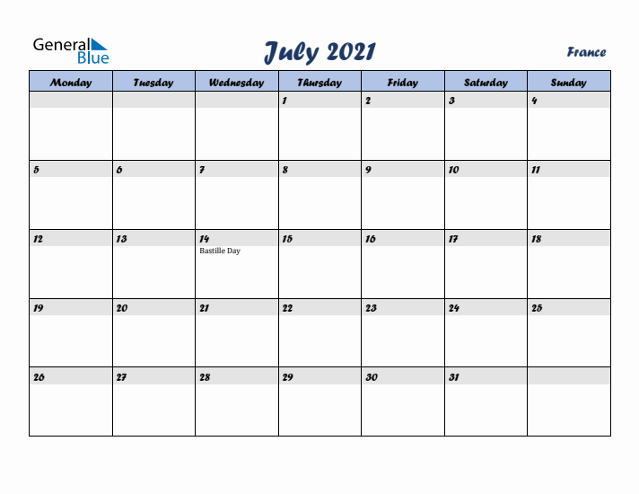 July 2021 Calendar with Holidays in France