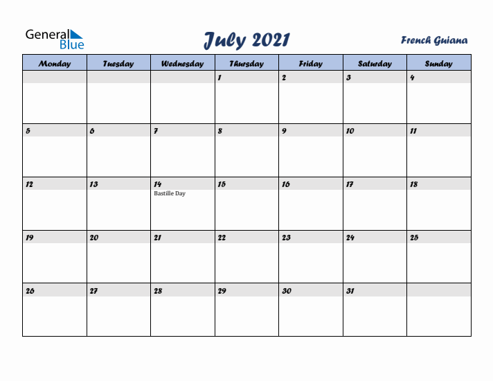 July 2021 Calendar with Holidays in French Guiana