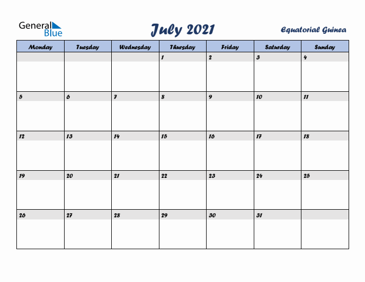 July 2021 Calendar with Holidays in Equatorial Guinea
