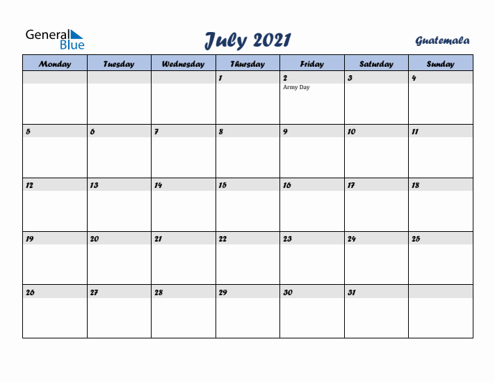 July 2021 Calendar with Holidays in Guatemala