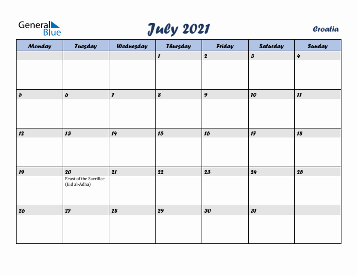 July 2021 Calendar with Holidays in Croatia