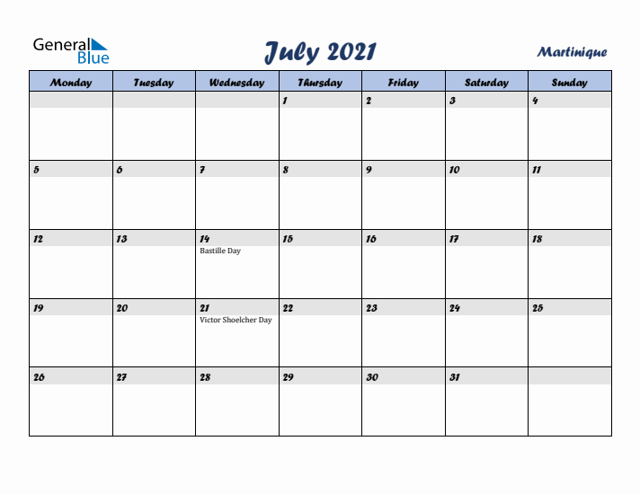 July 2021 Calendar with Holidays in Martinique
