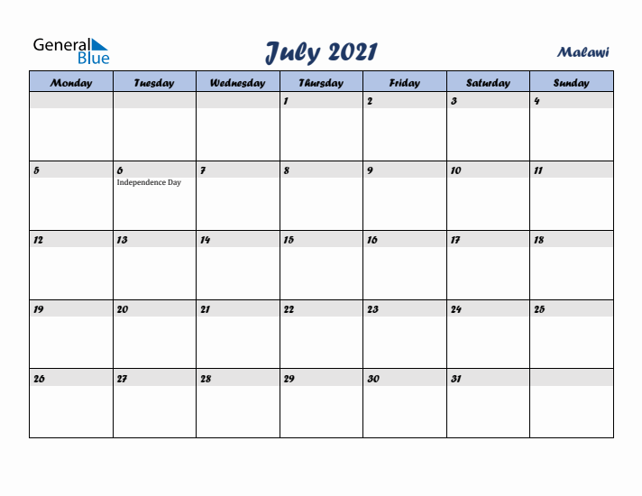 July 2021 Calendar with Holidays in Malawi