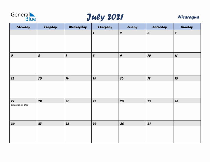 July 2021 Calendar with Holidays in Nicaragua