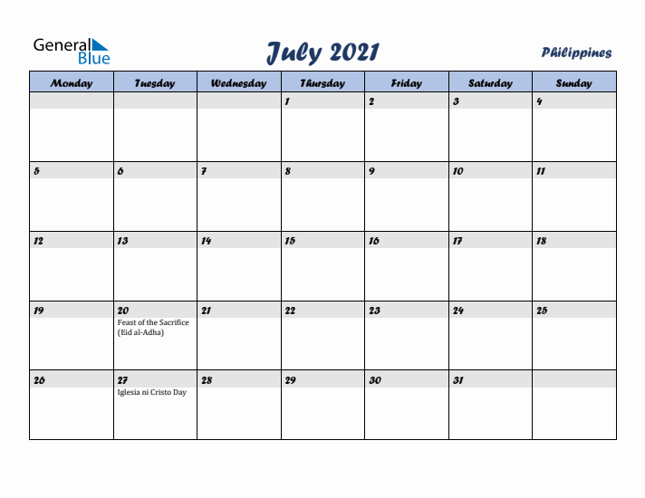 July 2021 Calendar with Holidays in Philippines