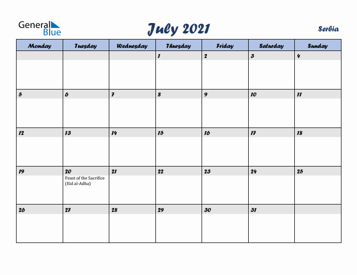 July 2021 Calendar with Holidays in Serbia