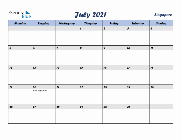 July 2021 Calendar with Holidays in Singapore