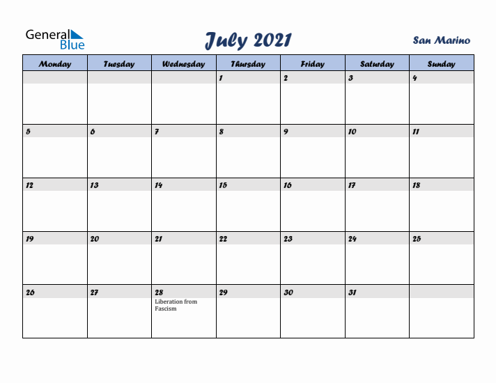 July 2021 Calendar with Holidays in San Marino
