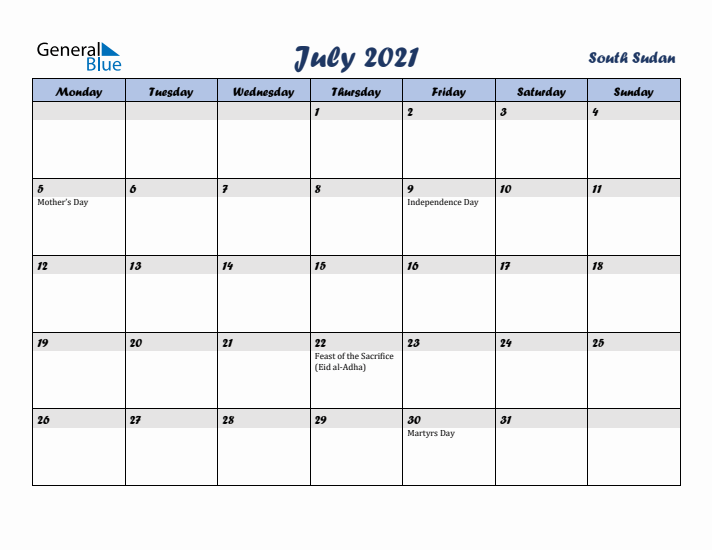 July 2021 Calendar with Holidays in South Sudan