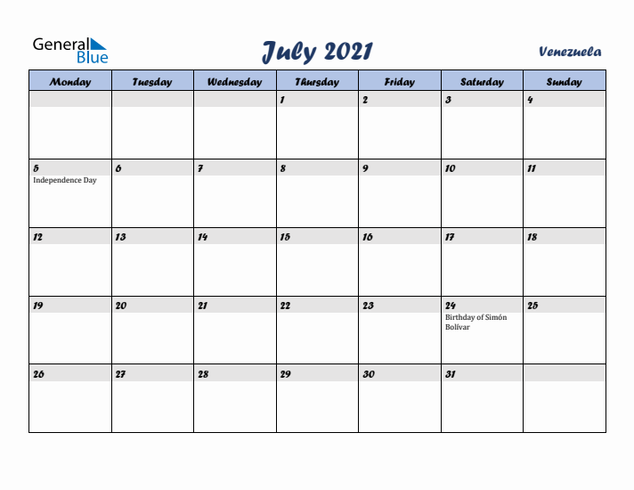 July 2021 Calendar with Holidays in Venezuela