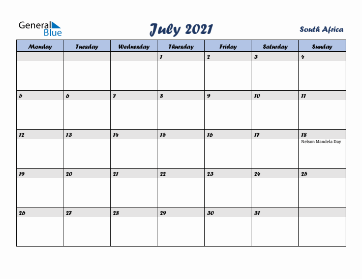 July 2021 Calendar with Holidays in South Africa