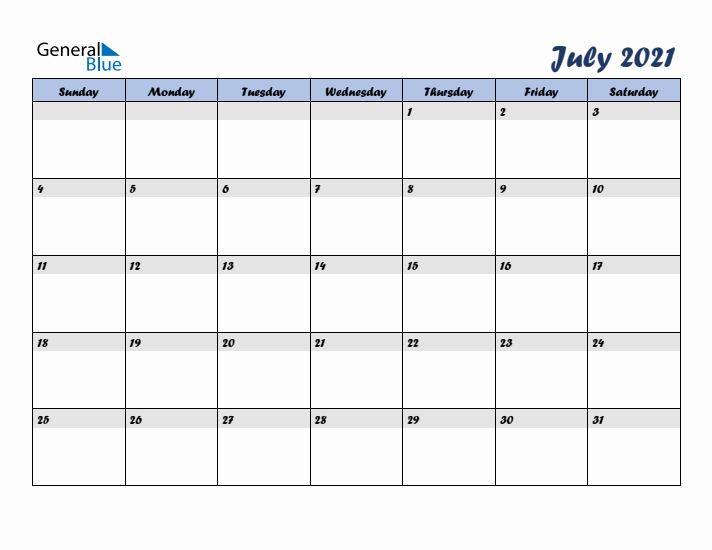 July 2021 Blue Calendar (Sunday Start)