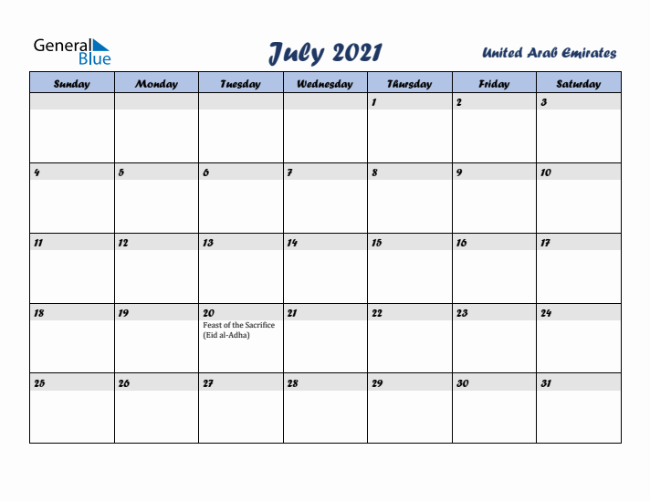 July 2021 Calendar with Holidays in United Arab Emirates