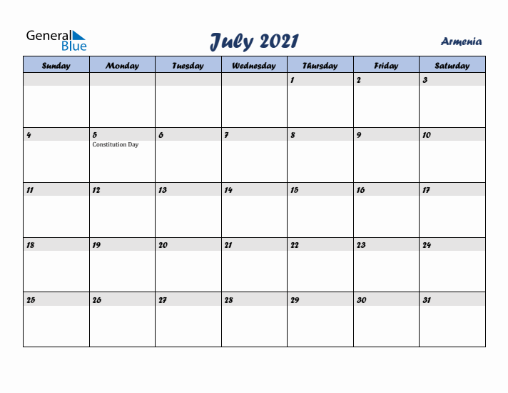 July 2021 Calendar with Holidays in Armenia