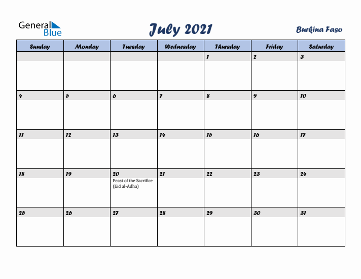 July 2021 Calendar with Holidays in Burkina Faso