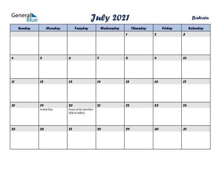 July 2021 Calendar with Holidays in Bahrain